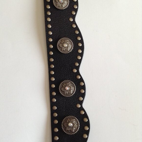 Black Studded Genuine Leather Scalloped Edge Belt Rhinestones Accessories - Picture 2 of 7